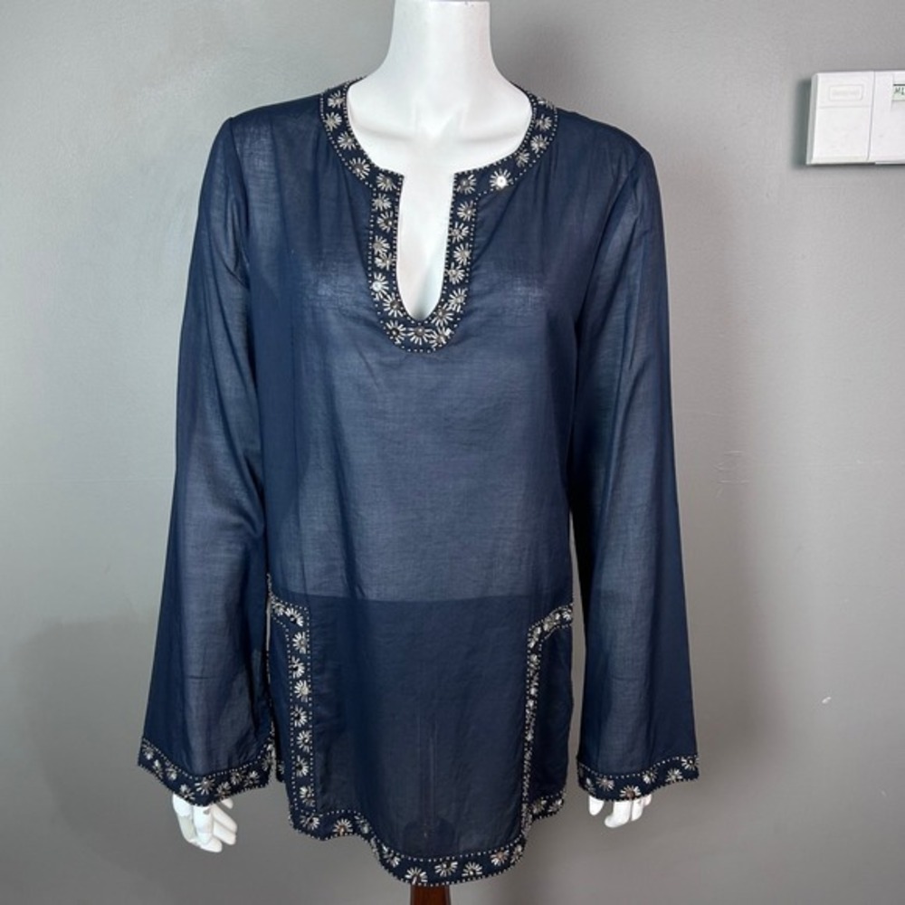 Tory Burch top tunic size 14 NWT‎ blue beaded cotton India boho minimalist
